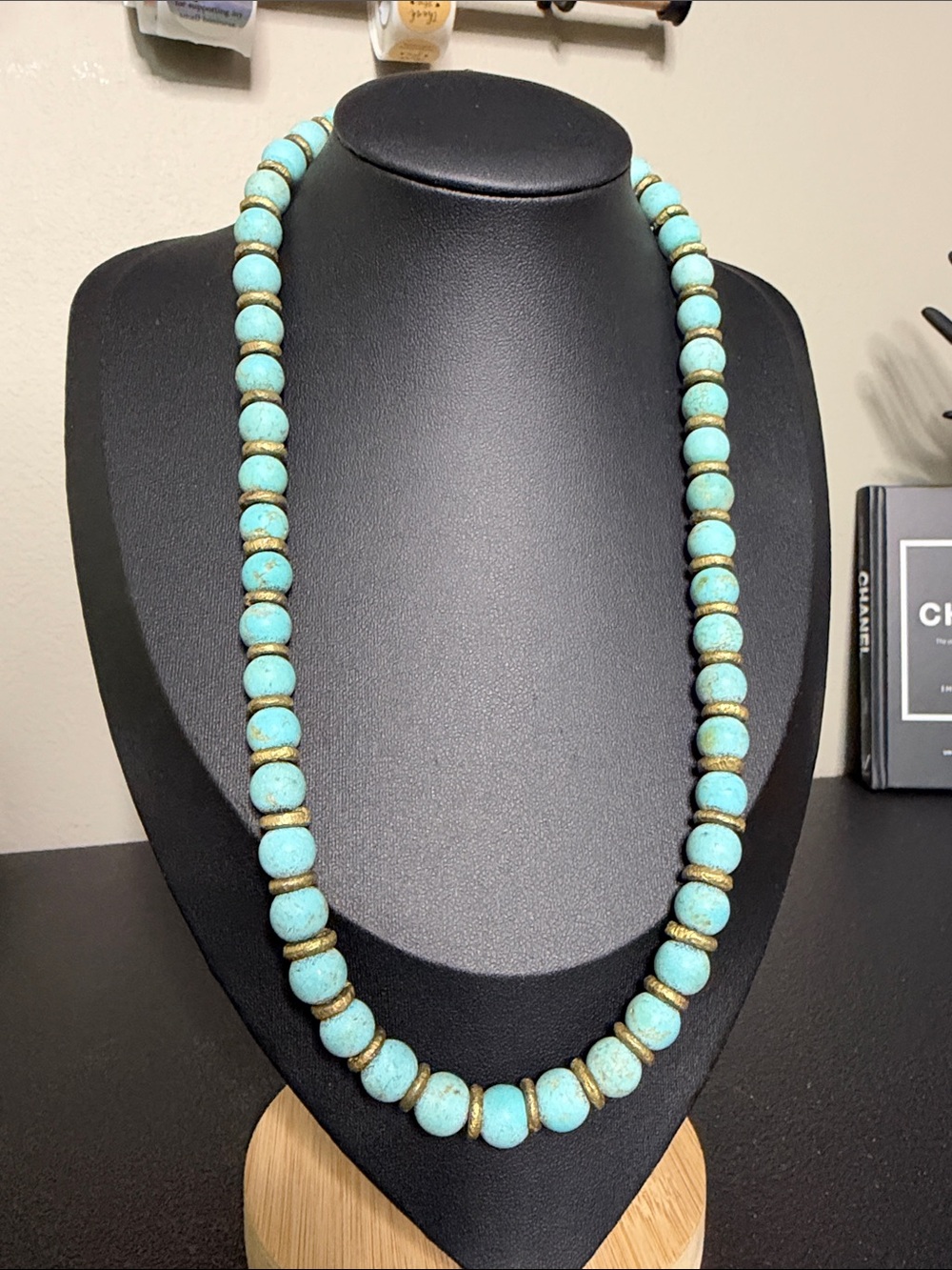 Handcrafted Stone Turquoise Beaded Necklace - Light Blue with Gold Accents